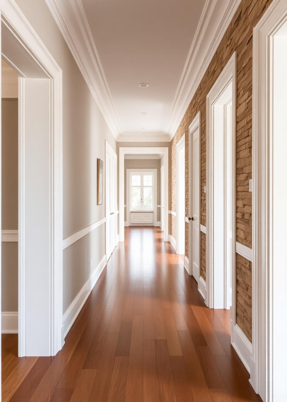 Hallway with crisp white trim and baseboards