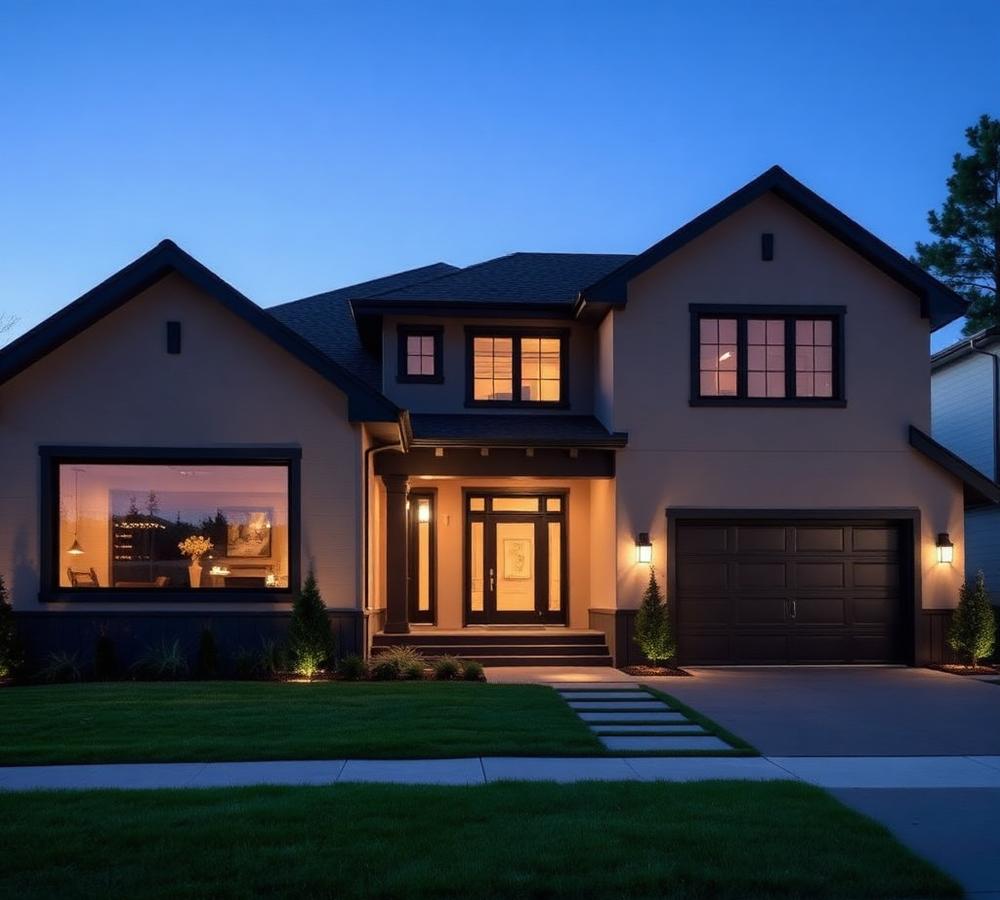 Freshly painted luxury home exterior at twilight