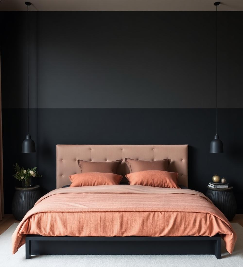 Bedroom with deep charcoal accent wall